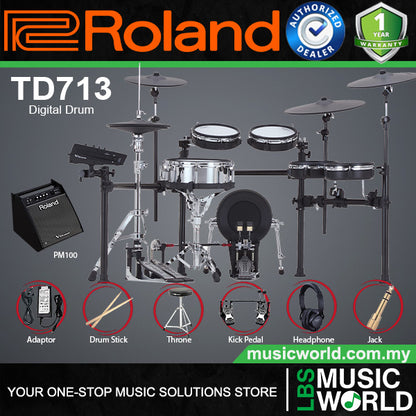 Roland TD713 Digital Electronic V-Drums 7 Series Kit Package with Studio Monitor Amplifier
