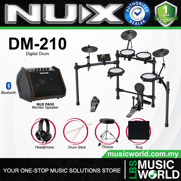 NUX DM-210 Full Mesh Digital Drum with PA-50 50 Watt Monitor Speaker Amplifier (DM210 DM 210)