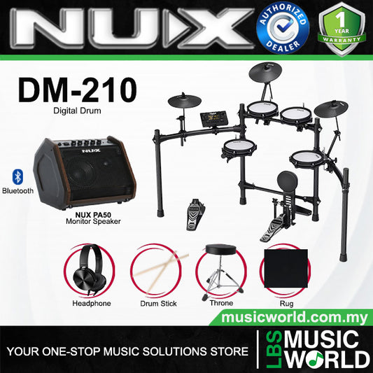 NUX DM-210 Full Mesh Digital Drum with PA-50 50 Watt Monitor Speaker Amplifier (DM210 DM 210)
