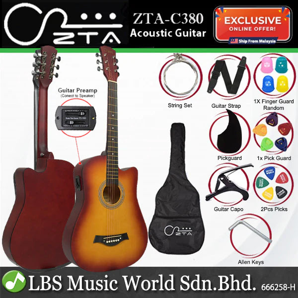 ZTA 38 Inch Acoustic Guitar Natural EQ Pickup Cutaway Starter Pack Folk Guitar Bundle With Plug In Amp Equalizer