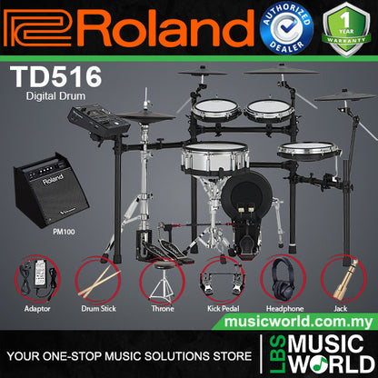Roland TD516 Digital Electronic V-Drums Kit Package with Amplifier and Expandable V51 Module