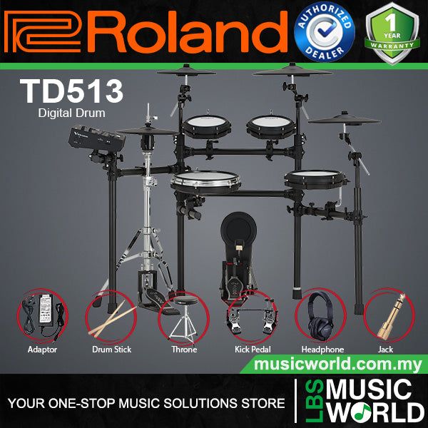 Roland TD513 Digital Electronic V-Drums Kit 5 Series Package with Expandable V51 Module