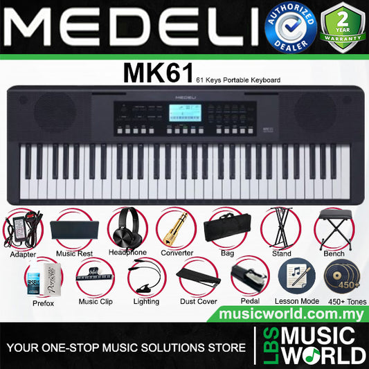 Medeli MK61 61 Keys Portable Keyboard Complete Package with Original Adapter - Black