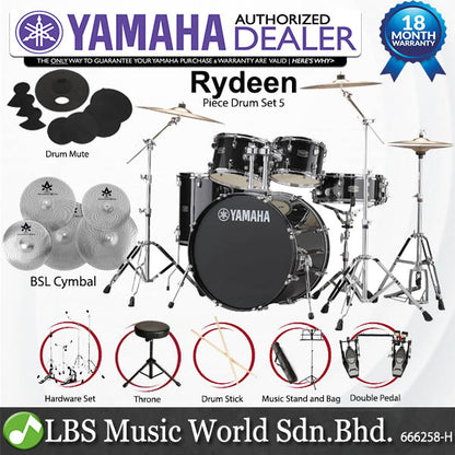 Yamaha Rydeen RDP2F5 5 Piece Acoustic Drum Set With Cymbal Package and Double Pedal - Black