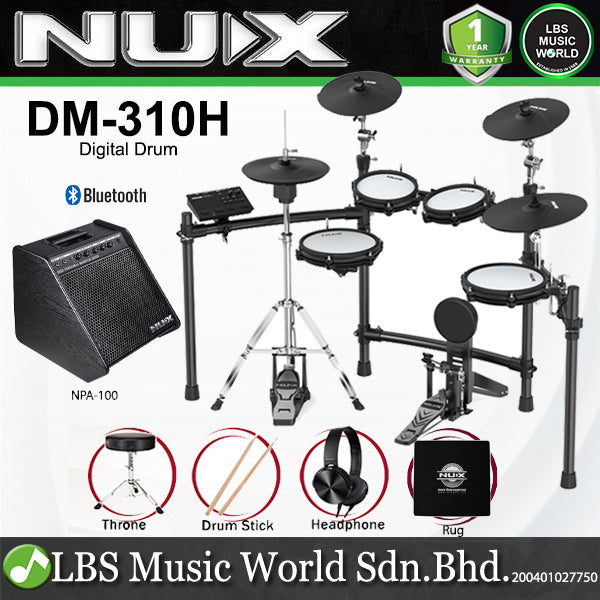 Nux DM-310H Full Set Digital Electronic Drum Kit with Bluetooth and Dual Mesh Head (DM310H DM 310H)