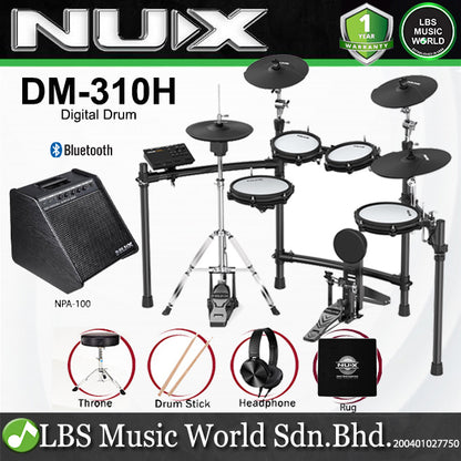 Nux DM-310H Full Set Digital Electronic Drum Kit with Bluetooth and Dual Mesh Head (DM310H DM 310H)