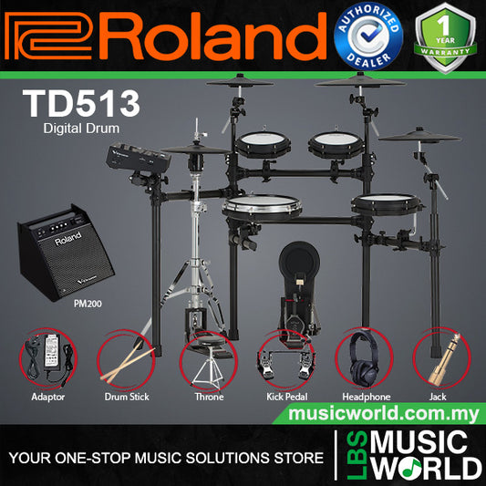Roland TD513 Digital Electronic V-Drums Kit 5 Series Package with Expandable V51 Module