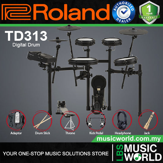 Roland TD313 Compact Digital Electronic V Drum 3 Series Kit Basic Package with Pedal