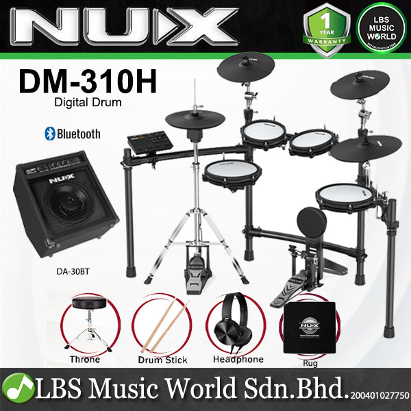 Nux DM-310H Full Set Digital Electronic Drum Kit with Bluetooth and Dual Mesh Head (DM310H DM 310H)