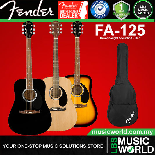 Fender FA-125 Dreadnought Spruce Top Acoustic Guitar With Fender Bag Black (FA125)