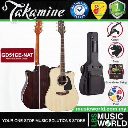 Takamine GD51CE-NAT Cutaway Dreadnought Solid Spruce Top Acoustic Electric Guitar with Bag - Natural (GD51CE NAT)