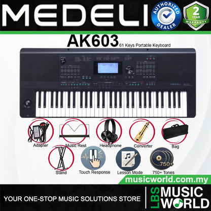Medeli AK603 61 Keys Professional Arranger Workstation Keyboard with Complete Full Package - Black