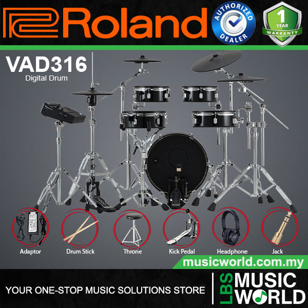 roland v drum pedal Roland VAD-306 V-Drums Acoustic Design 5 Piece Wood Shell Electronic Drum Set (VAD306 VAD 306)