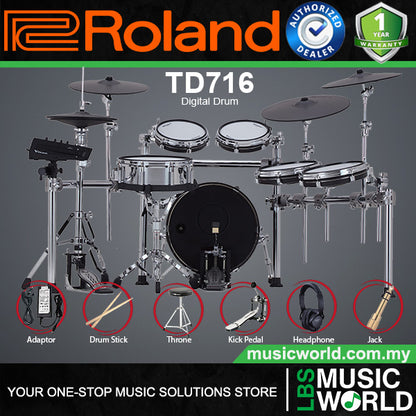 Roland TD716 Digital Electronic V-Drums 7 Series Kit Set Package with Pedal and Amplifier