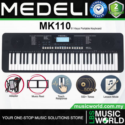 Medeli MK110 61 Keys Portable Keyboard Complete Package with Original Adapter - Black