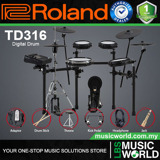 Roland TD316 Digital Electronic V-Drums 3 Series Kit Basic Package with Pedal