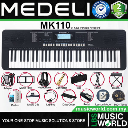 Medeli MK110 61 Keys Portable Keyboard Complete Package with Original Adapter - Black