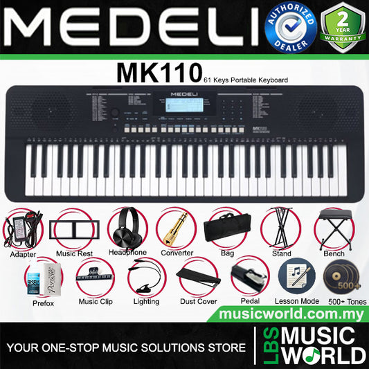 Medeli MK110 61 Keys Portable Keyboard Complete Package with Original Adapter - Black