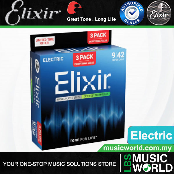 Elixir 16571 Optiweb Electric Guitar String Super Light Bright Smooth 3 Pack (09-42)