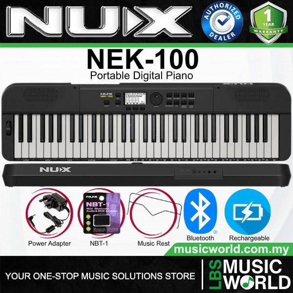 Nux NEK-100 61 Keys Portable Digital Electronic Keyboard with Touch Response and Bluetooth (NEK100)