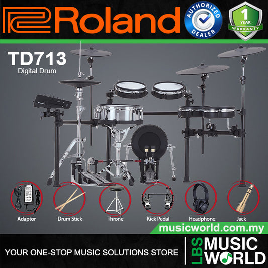 Roland TD713 Digital Electronic V-Drums 7 Series Kit Set Package with Pedal
